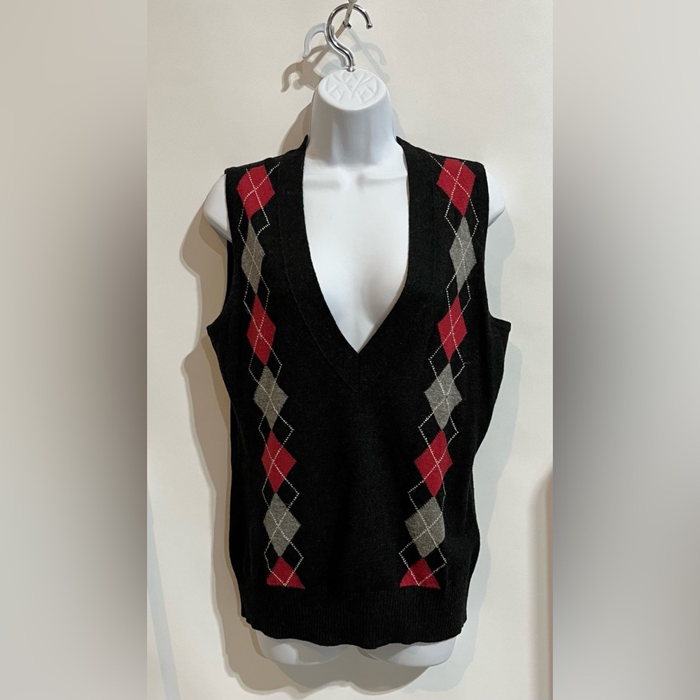 CAbi Black Argyle V‑Neck Sweater Vest with Red and Gray Diamonds